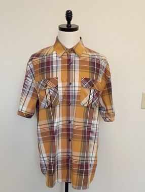 Knockout Jeans Plaid Short Sleeve Button Up Shirt Mustard Burgundy XXL